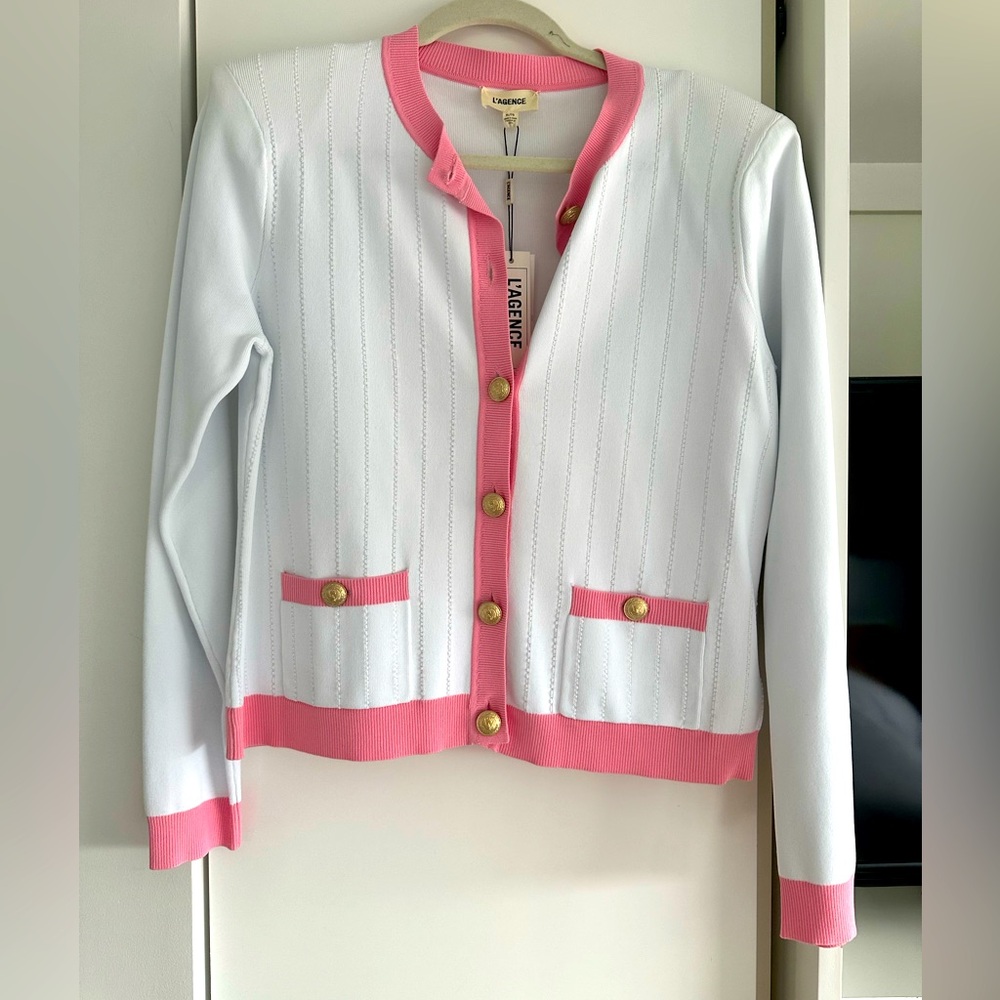 L'AGENCE White and Pink Trim Knit Cardigan Blazer